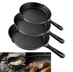 3 Piece Cast Iron Pan Set Frying Griddle Barbecue Grill BBQ Skillet UKED
