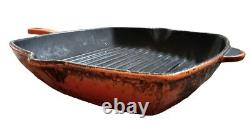 3 x Le Creuset Cast Iron Volcanic Orange Frying Pan, Square Skillet & Pot Dish