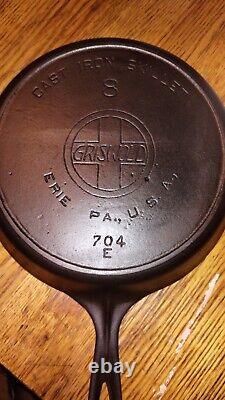 Vintage GRISWOLD # 8 CAST IRON SKILLET LARGE SLANT LOGO #704 E HEAT RING Erie PA